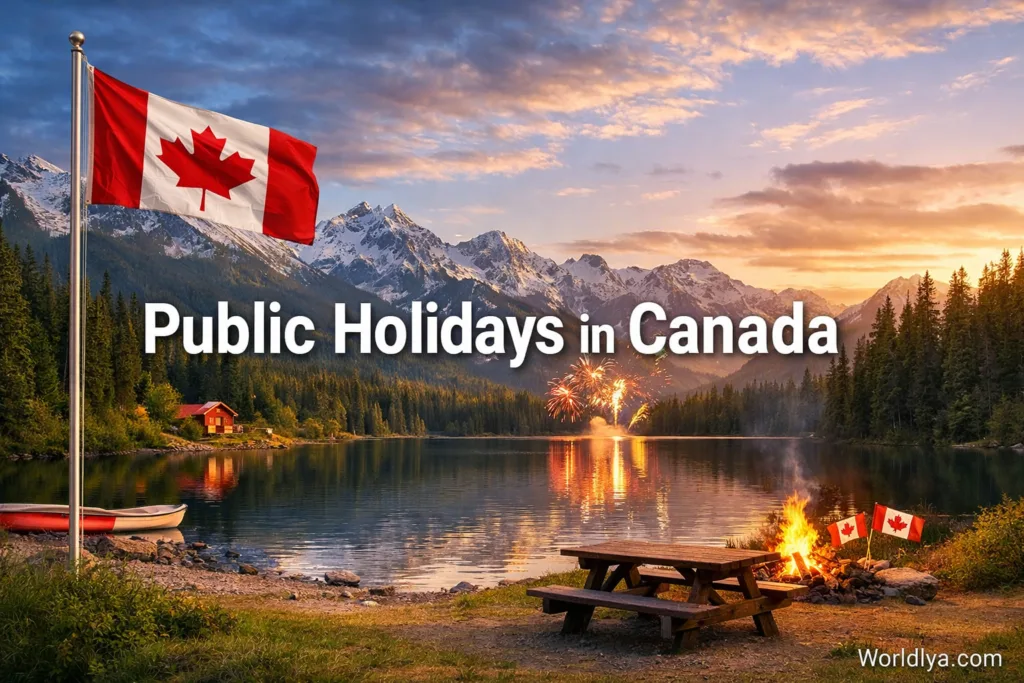 A Canadian flag waves in front of a mountain lake during sunset in this image about Canada public ho…
