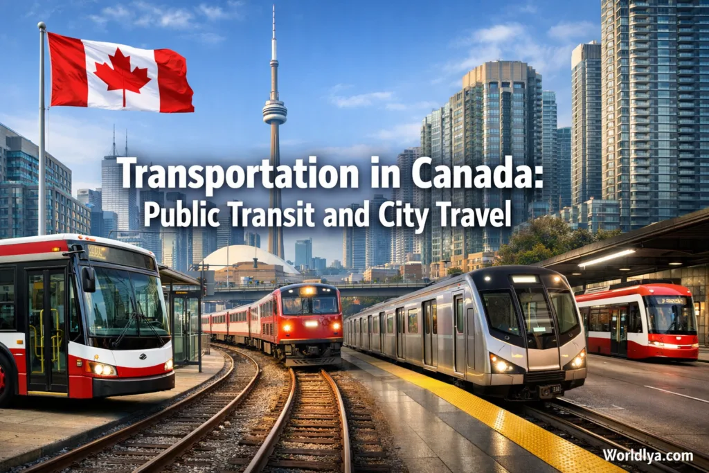 A modern train arriving at a Canadian city station with tall buildings in the background.