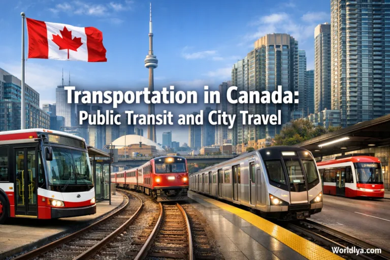 A modern train arriving at a Canadian city station with tall buildings in the background.