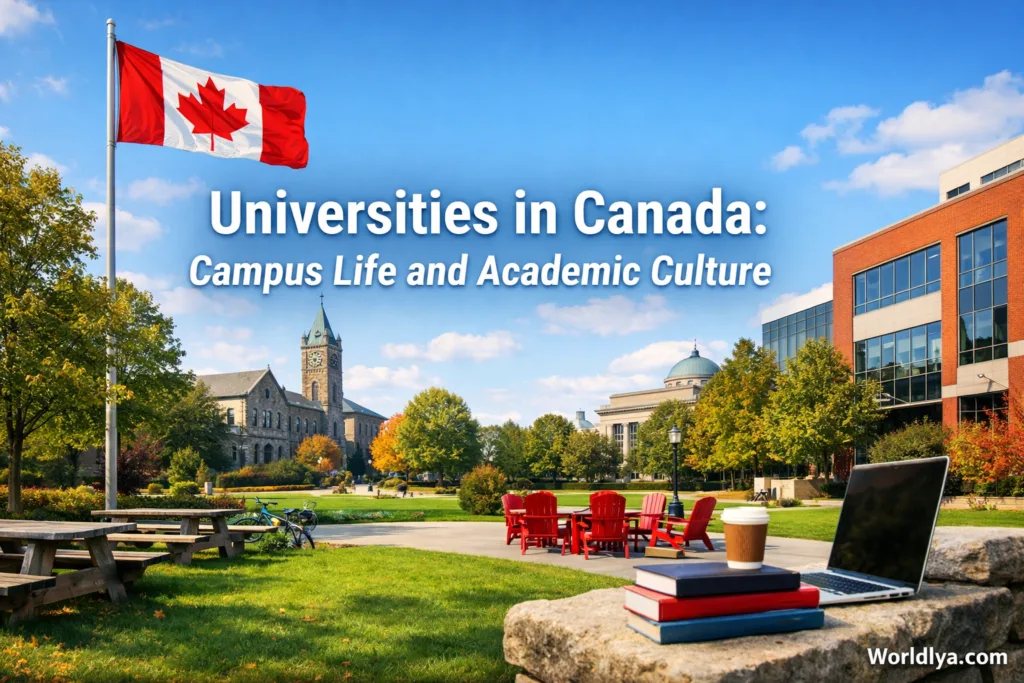 Canada universities campus with a green lawn, trees, and outdoor seating area.