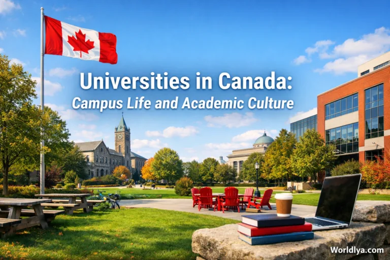 Canada universities campus with a green lawn, trees, and outdoor seating area.