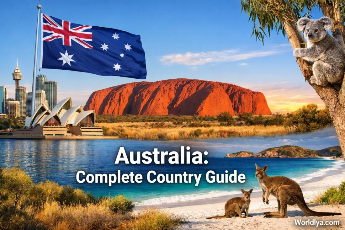 Australia's iconic Uluru rock formation against a clear sky and desert landscape.