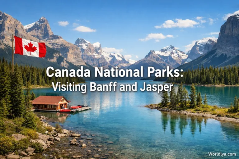 A serene view of Banff National Park with snow-capped mountains and a clear lake.