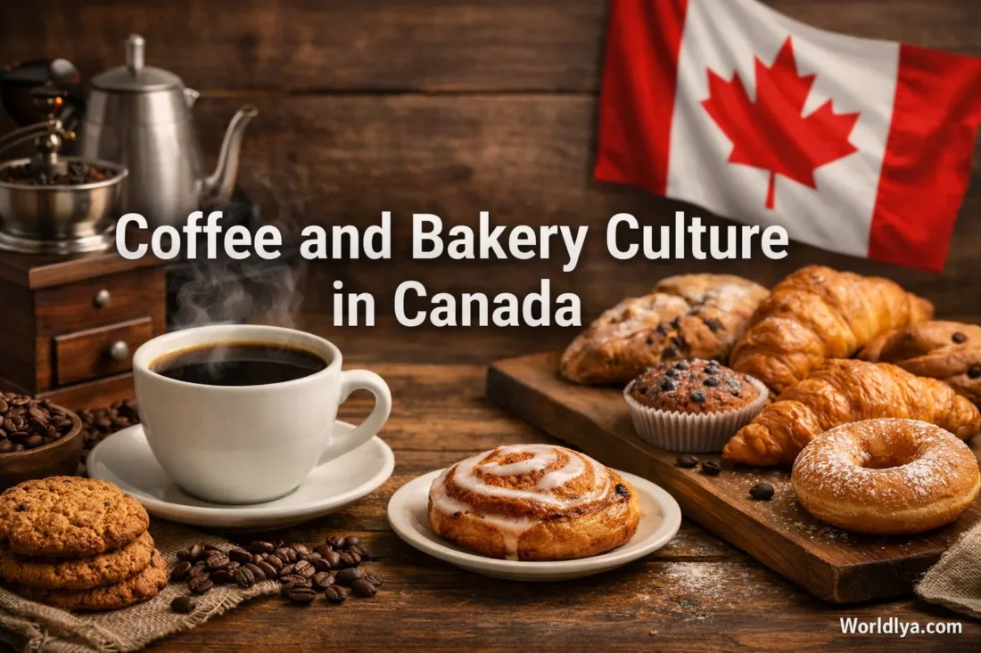 A cup of coffee and fresh bakery cookies on a wooden table in Canada.