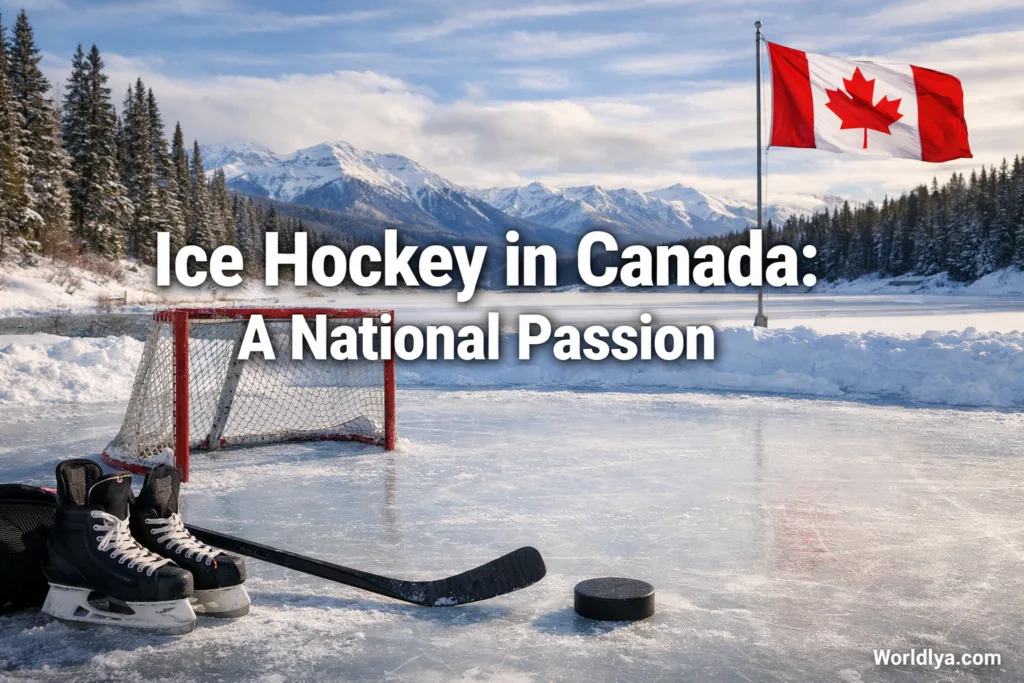 A hockey player skates on an outdoor ice rink with a Canadian flag in the background.