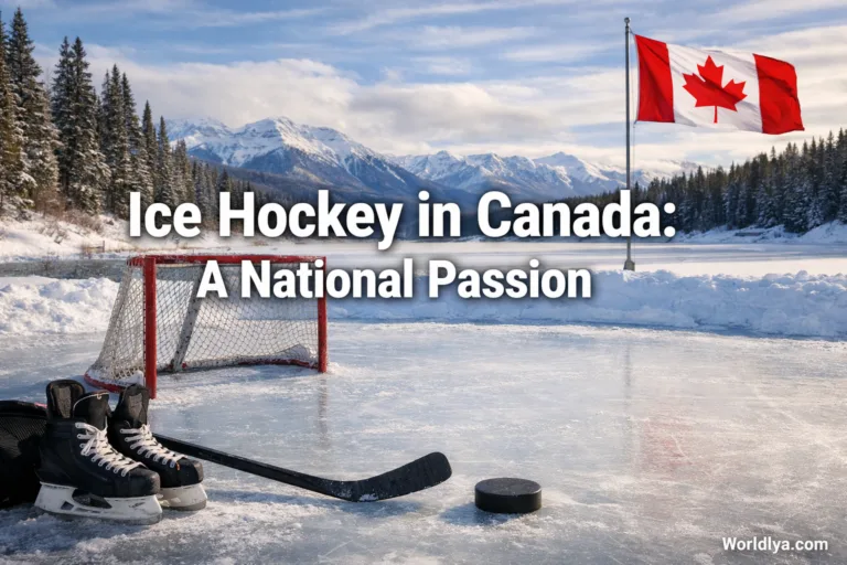 A hockey player skates on an outdoor ice rink with a Canadian flag in the background.