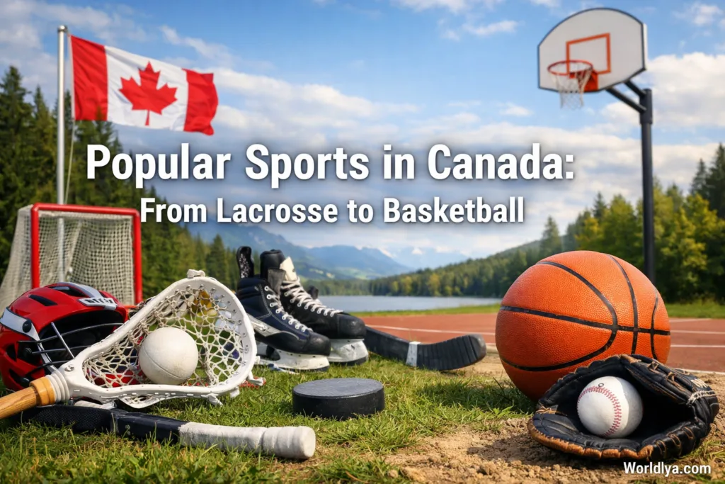 A basketball and hockey puck sit on a court illustrating popular sports in Canada.
