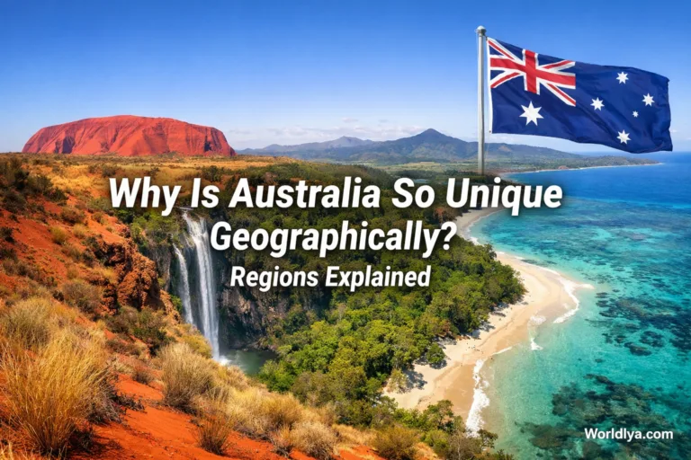 The Australian flag waves above a colorful desert landscape in the 'Why Is Australia So Unique Geogr…