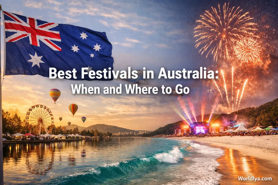 Sydney fireworks light up the sky during a festival in Australia at sunset.