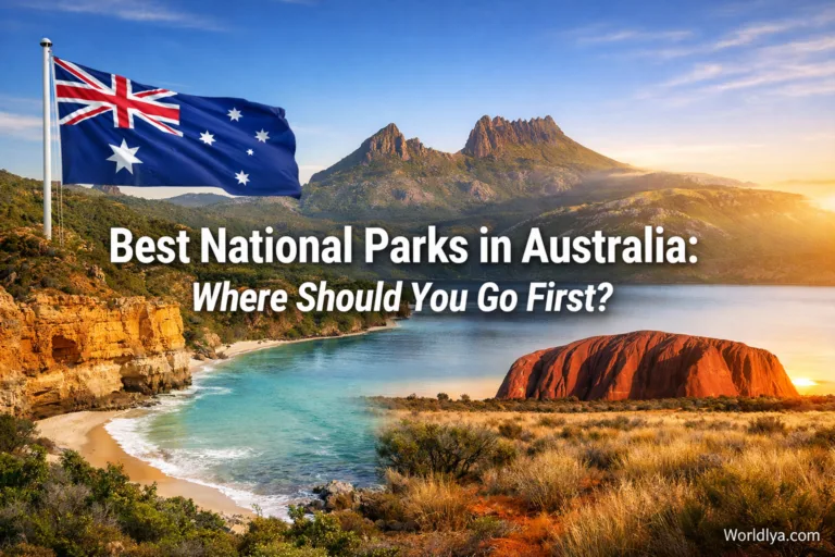 A scenic view of Uluru in Australia's national parks guide with a vibrant sunset.