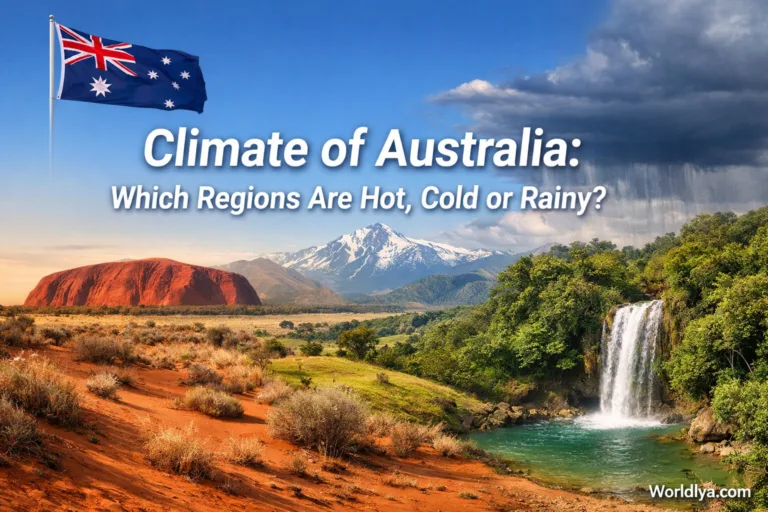 A waterfall cascading in a lush green area, illustrating Australia's varied climate.