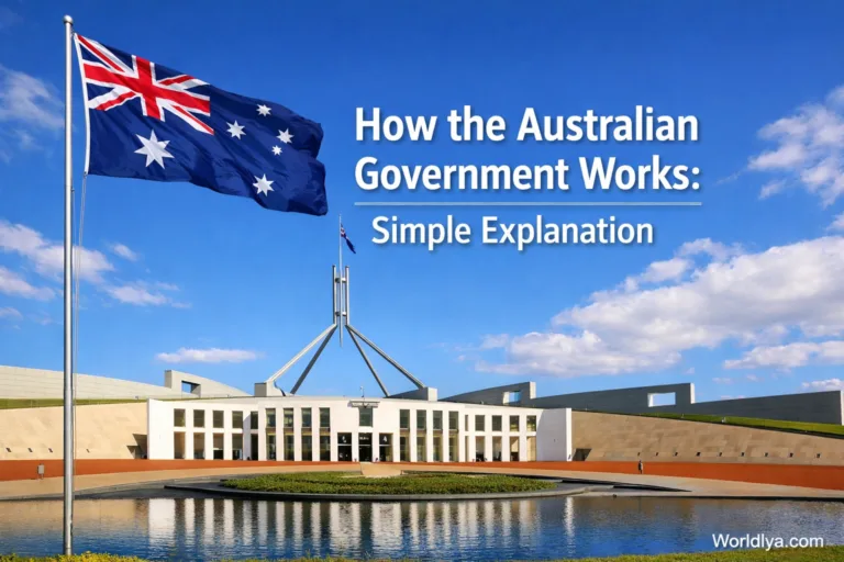 The Australian flag flies above a government building with a wind turbine in the background.