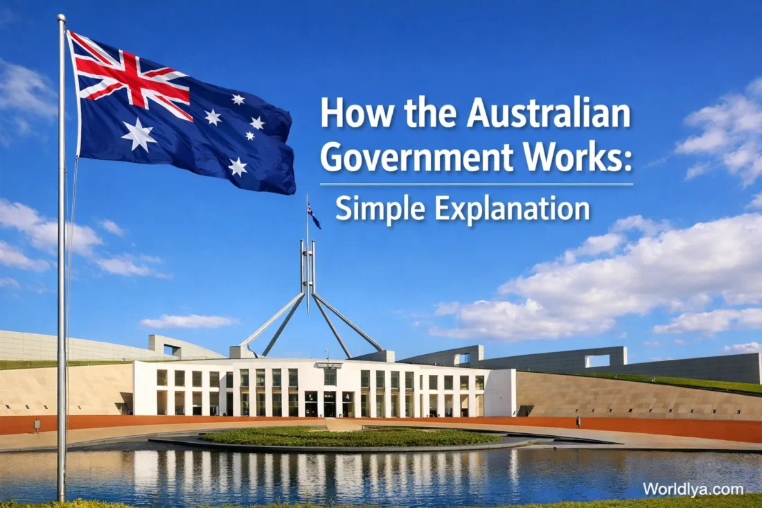 The Australian flag flies above a government building with a wind turbine in the background.