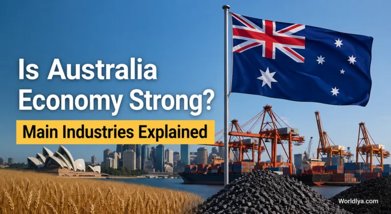 A container port and agricultural fields illustrate key industries supporting Australia's economy strength.