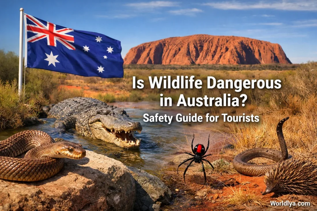A red crab walking on rocky ground with an Australian flag in the background