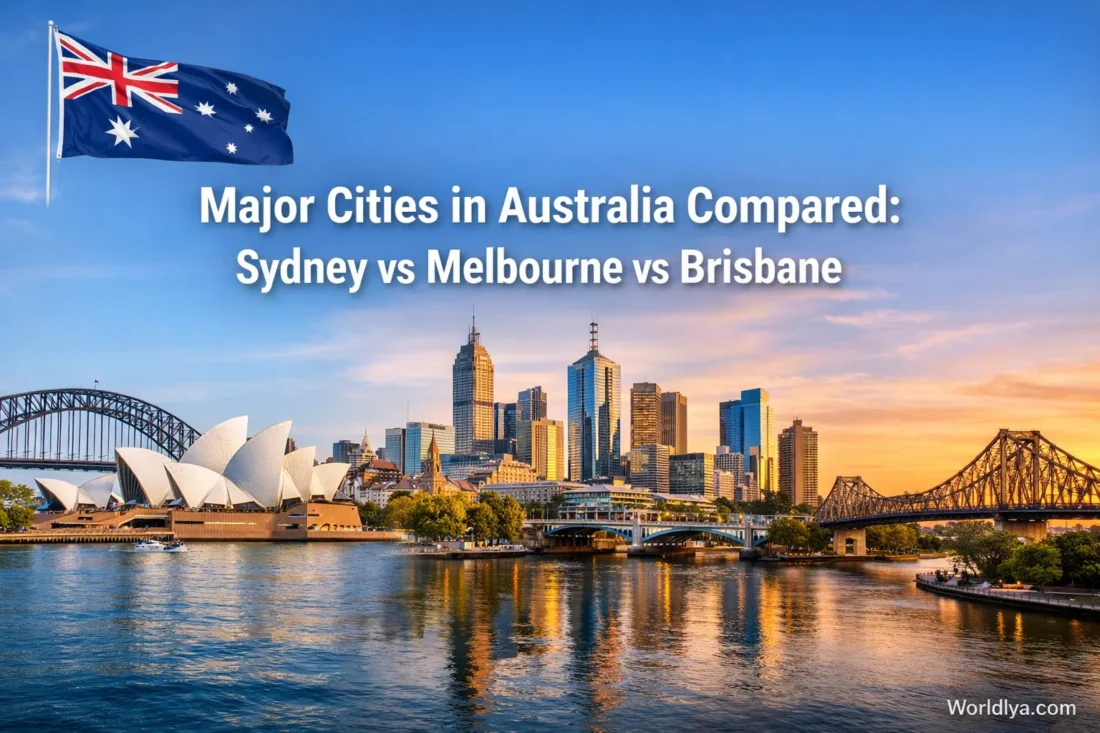 Sydney skyline with the Harbour Bridge at sunset showcases major cities in Australia.