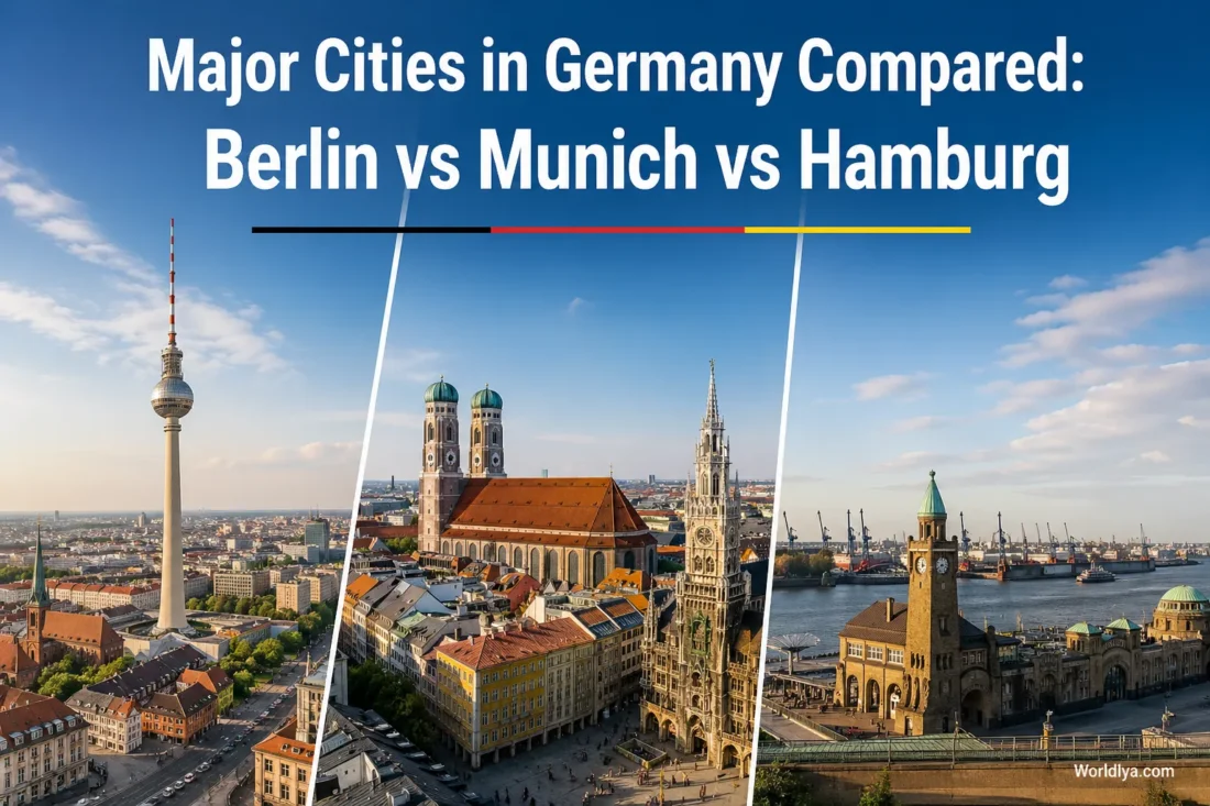 Panoramic comparison of Germany’s major cities—Berlin, Munich, and Hamburg—featuring iconic skylines, historic architecture, and waterfront views under clear daylight.