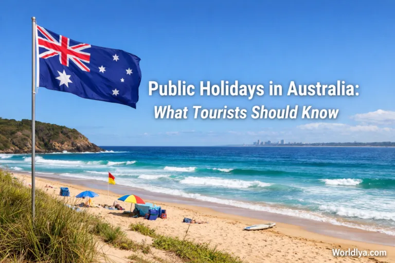 Australia's beach with colorful umbrellas on a sunny public holiday day.