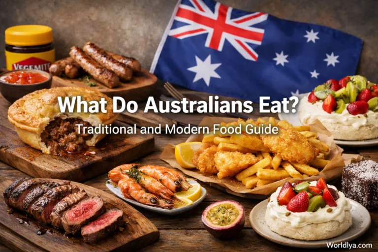 A plate with grilled shrimp, salad, and Australian flag in the background.