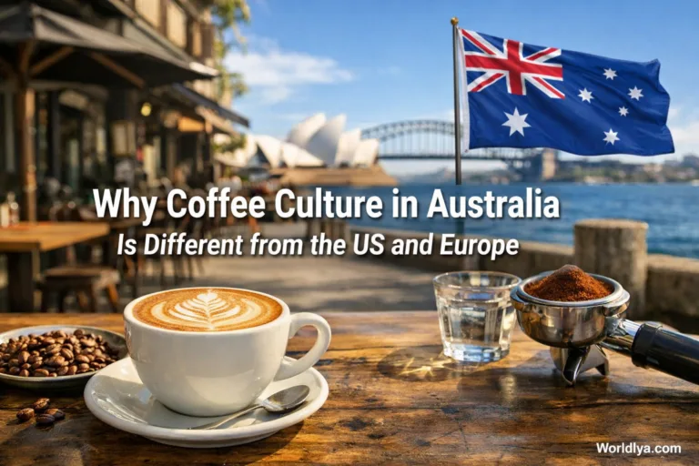 A white coffee cup and saucer with a coffee plant in the background, illustrating coffee culture in…