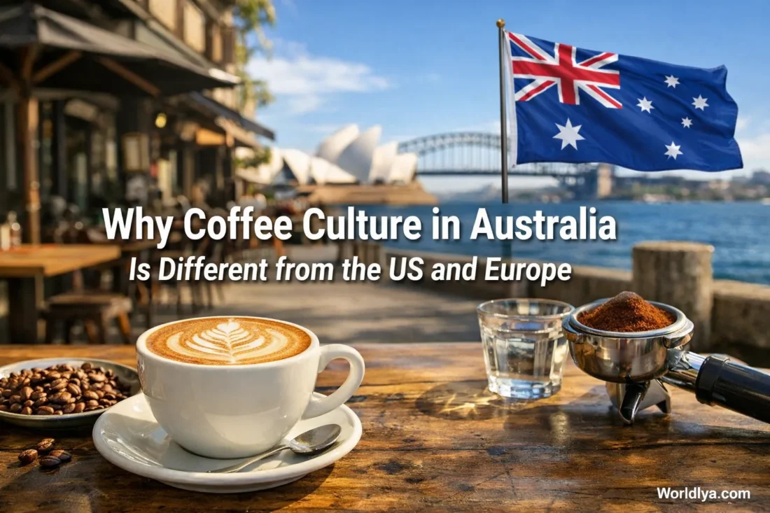 A white coffee cup and saucer with a coffee plant in the background, illustrating coffee culture in…