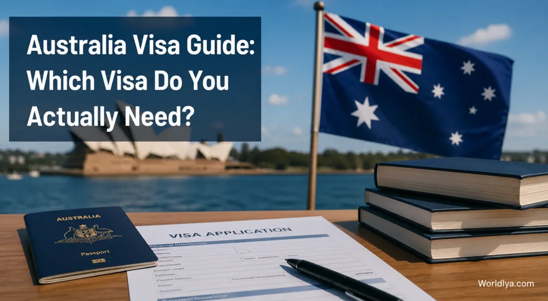 An Australia visa guide with a UK flag and travel documents on a desk, helping travelers choose the right visa for their trip.