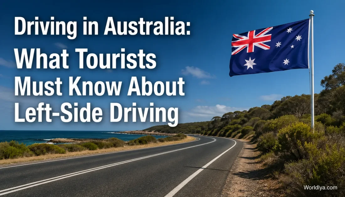 A road in Australia with a driving guide for tourists on left-side driving and the Australian flag waving in the background.