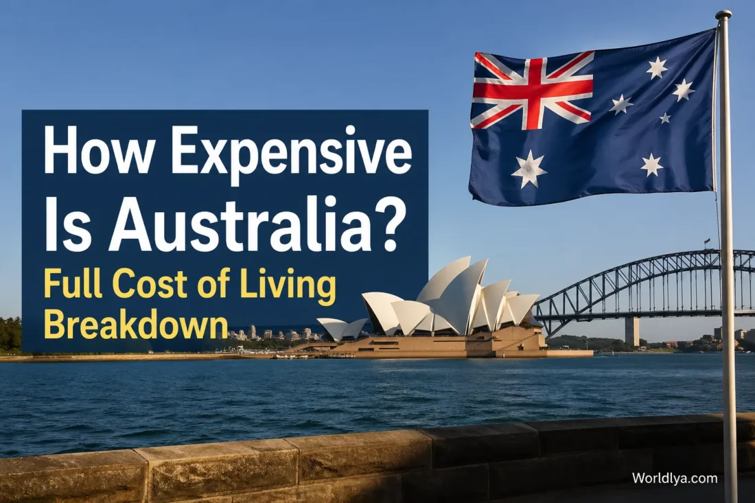 A scenic view of Australia’s iconic landmarks with the title 'How Expensive Is Australia?' related to the cost of living in Australia.