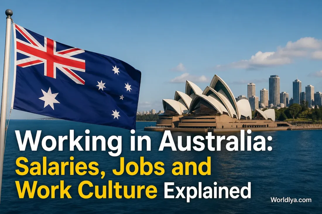 A person holding Australian flags near the Sydney Opera House, illustrating working in Australia, jobs, and work culture.
