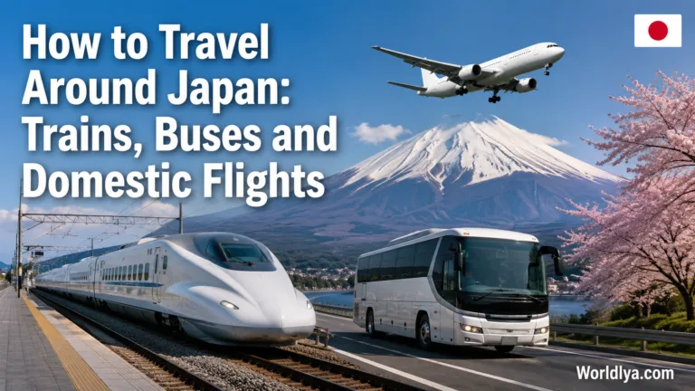 A guide on how to travel around Japan using trains, buses, and domestic flights with scenic mountains and modern transport options.