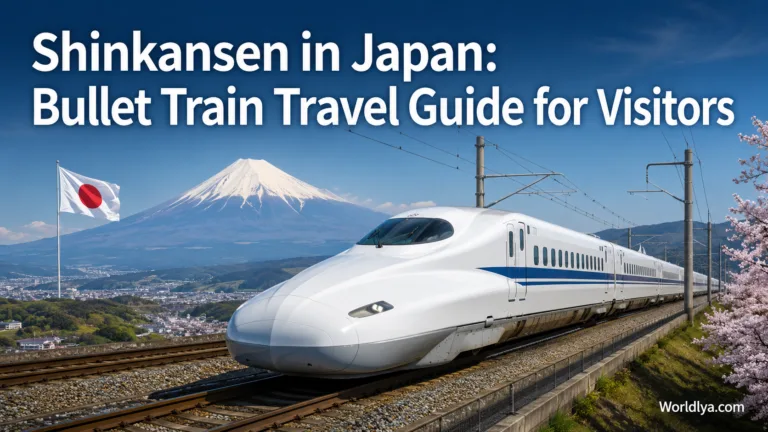 A sleek Shinkansen bullet train speeding through Japan with Mount Fuji in the background, showcasing the country's efficient train travel system.