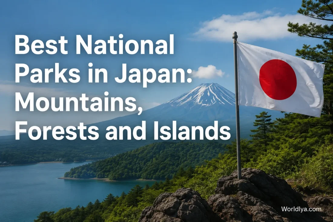 A stunning view of Japan's best national parks with mountains, forests, and islands under a clear blue sky.