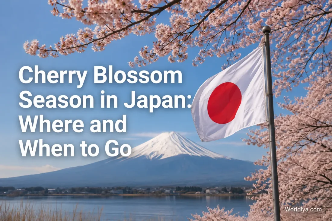 A beautiful view of cherry blossom trees in Japan during the cherry blossom season, with Mount Fuji and the national flag in the background.