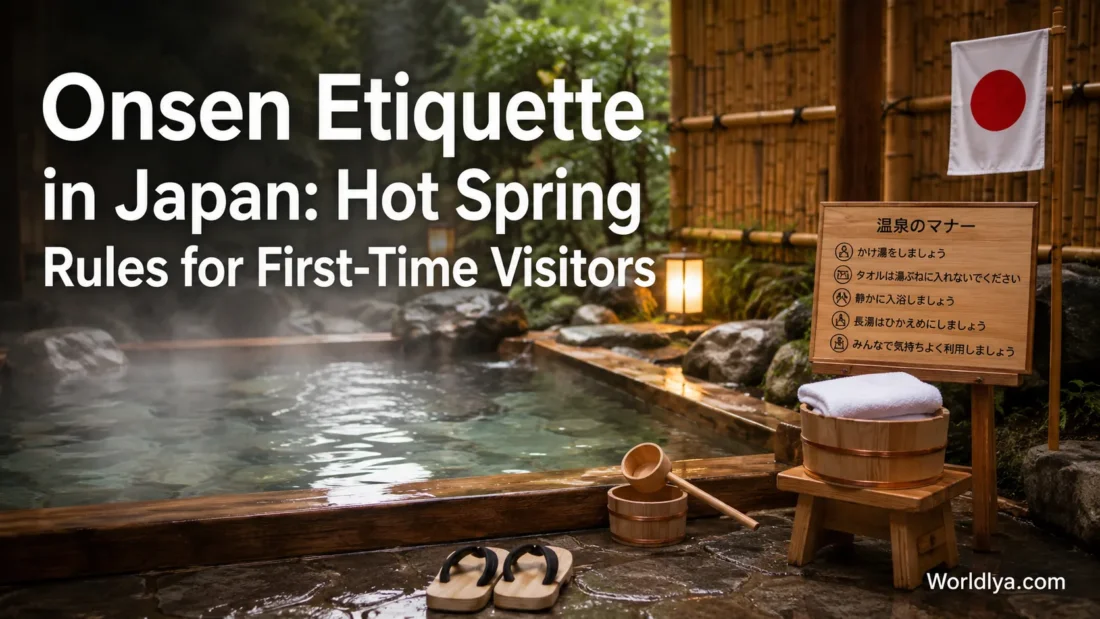 A peaceful Japanese onsen scene showcasing proper etiquette for first-time visitors to enjoy the hot spring experience.