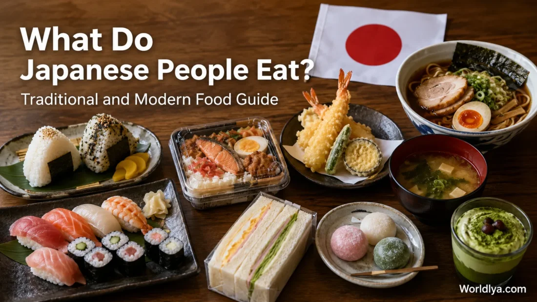 A Japanese meal featuring traditional dishes like tempura, sushi, and rice, showcasing the vibrant Japanese food culture.