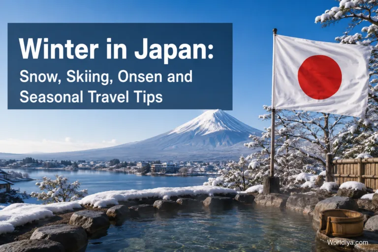 Winter in Japan features snow-covered landscapes, ski resorts, relaxing onsens, and scenic seasonal travel experiences.