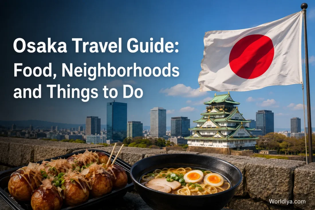 A vibrant scene from Osaka featuring local food, city skyline, and famous landmarks, perfect for planning a travel adventure in the city.
