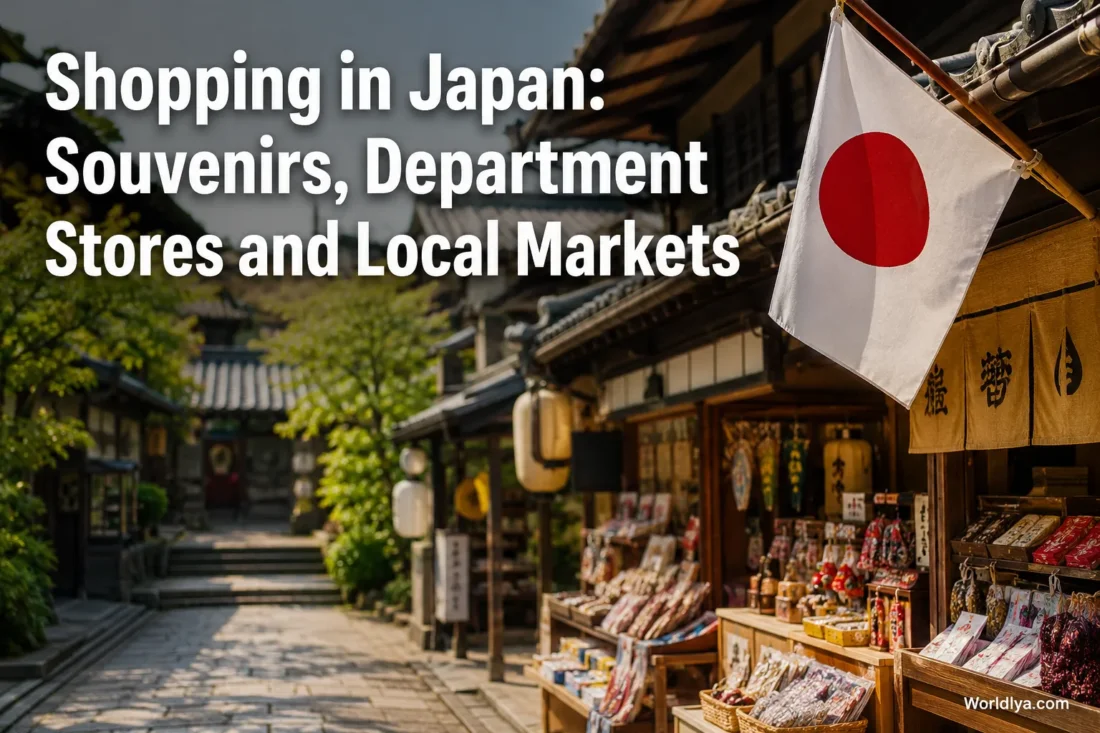 Shopping in Japan with colorful souvenirs, bustling department stores, and vibrant local markets showcasing Japanese culture.