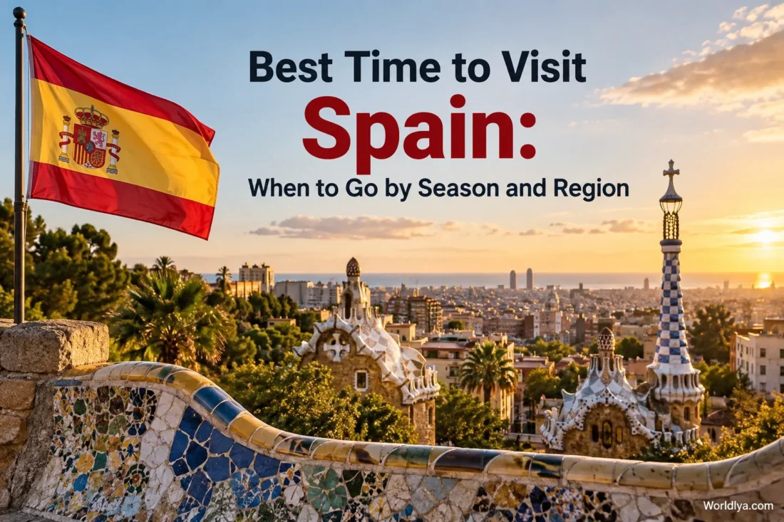 A scenic view of Spain with a vibrant cityscape and sunset, highlighting the best time to visit Spain by season and region.