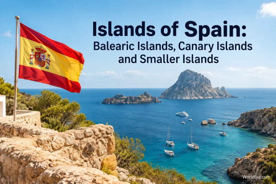 Colorful boat in the islands of Spain with the Balearic, Canary, and smaller islands visible in the background