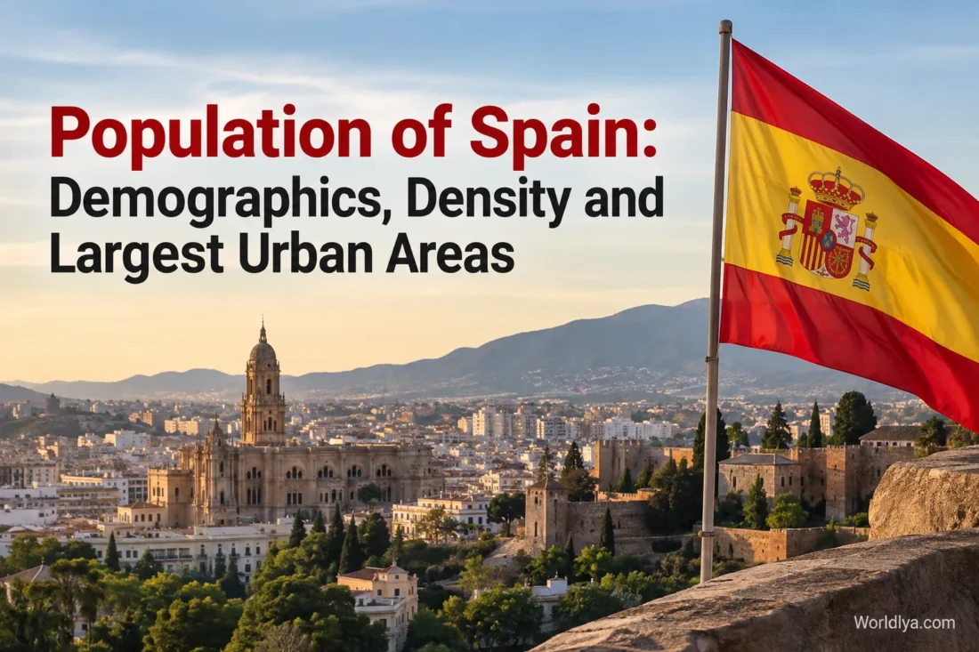 The population of Spain with a view of its largest urban areas and dense landscapes.
