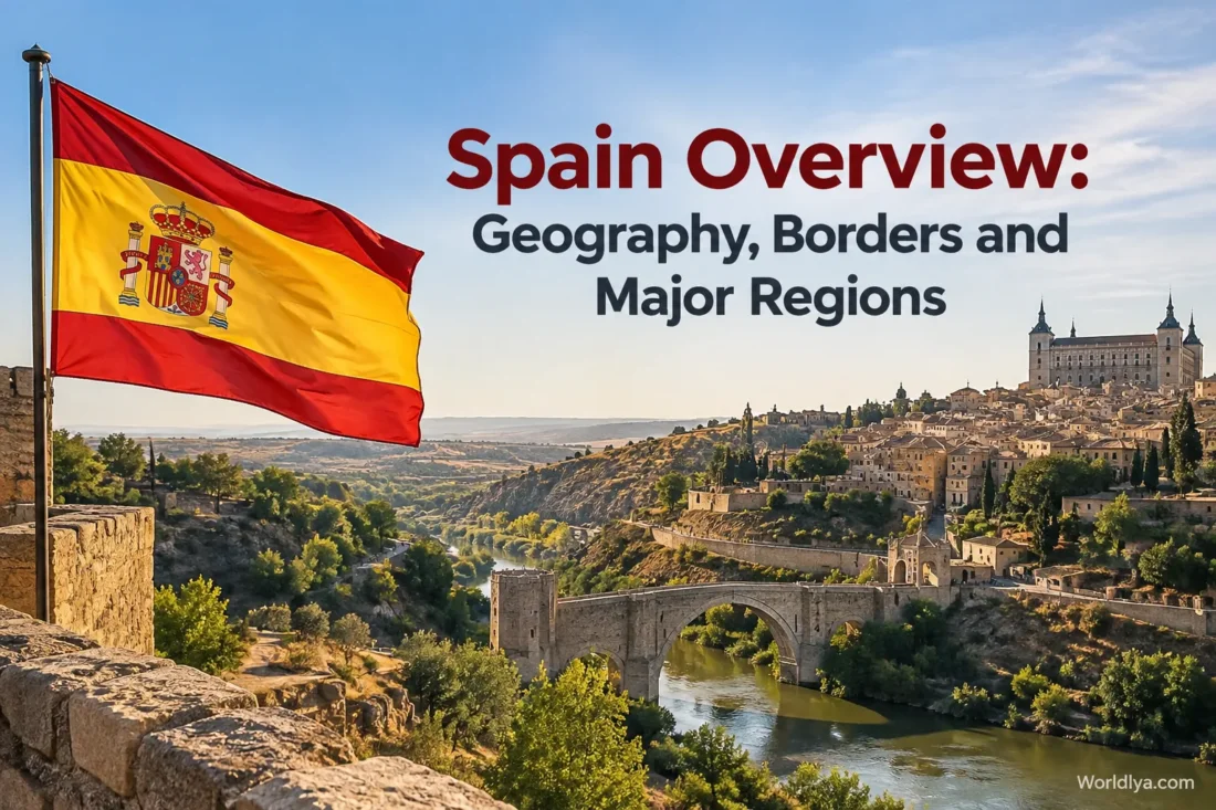 Spain shown with its geographic borders and major regions, highlighting its diverse landscape and cultural areas.